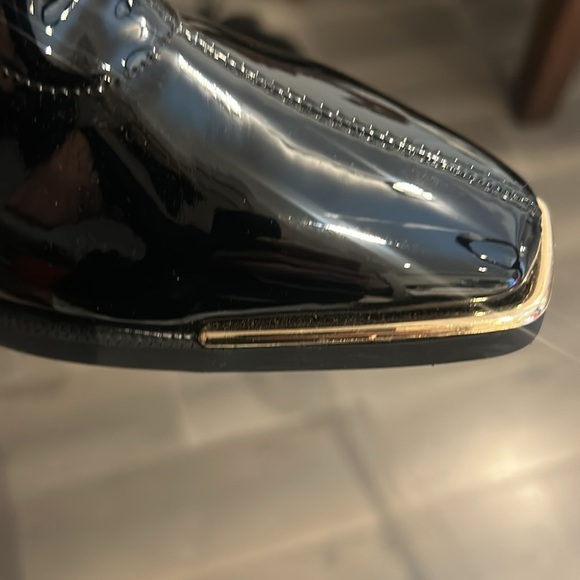 Faux Patent Leather Square Metal Toe Mid Calf Thick High Heels Go Go Boots - Picture 3 of 16